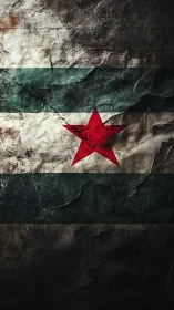 Weathered tricolor flag with central red star emblem.