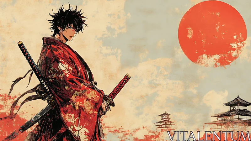 Storm-eyed samurai draped in red beneath a battered sun.