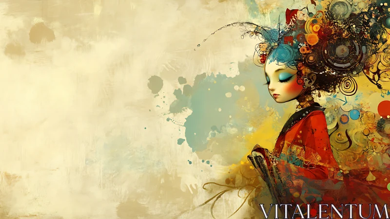 Dreaming geisha drifts through swirling abstract color clouds