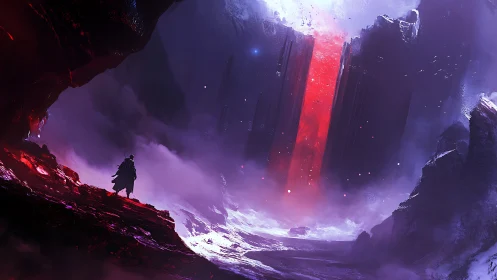 Lone wanderer before colossal crimson energy rift portal.