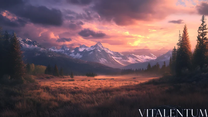 Sunset symphony over snowcrowned peaks and ember fields.