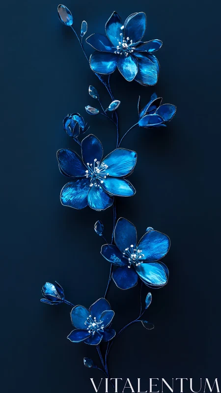 Blue flowers rendered with illuminated petals on dark background