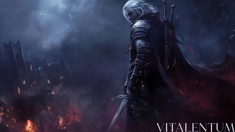 Brooding silver-haired warrior surveys a burning dark cityscape.