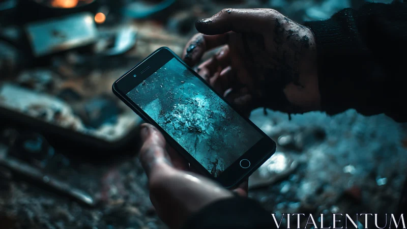 Grimy hands holding smartphone over wet debris, cyan bokeh light