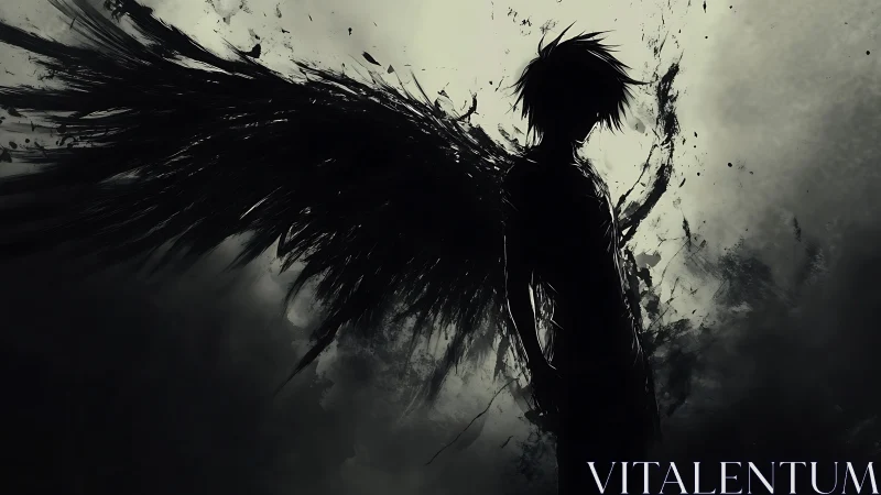 Shadow-winged fallen angel cuts through stormy darkness.