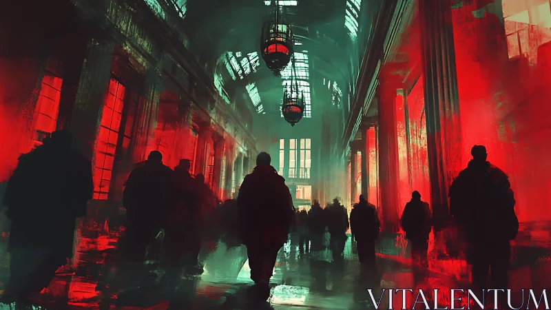 Silhouetted crowd walks through cavernous red lit terminal