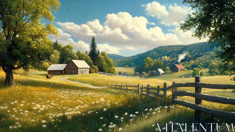 Golden country meadow unfolds around peaceful farm cottages