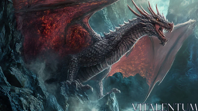 Infernal cliffside dragon roaring over stormlit chasm.