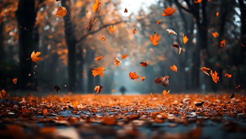 Falling autumn leaves dance above a misty forest road