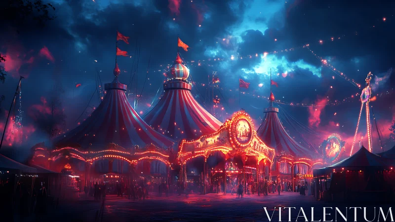 Enchanted night circus glows under stormy neon skies
