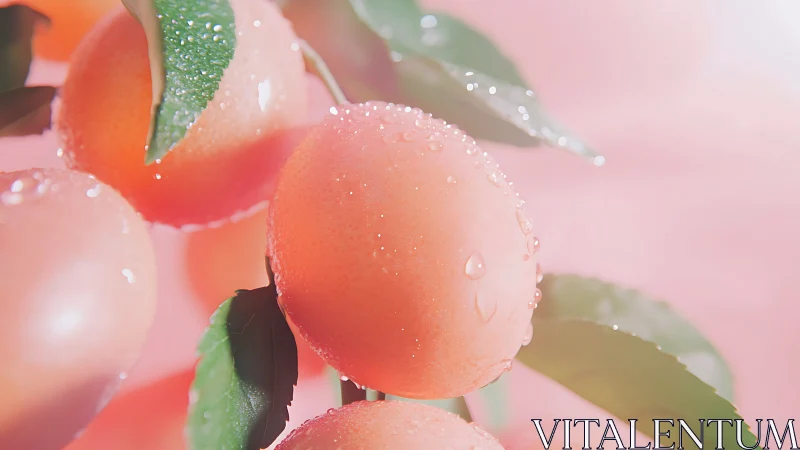 Ripe dewy peaches glow under soft pastel sunrise light.