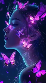 Profile portrait with luminous violet butterflies in motion.