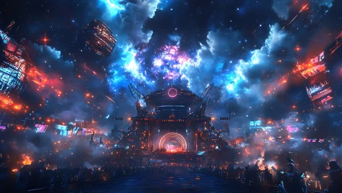 Colossal neon space station glows amid dense cosmic clouds