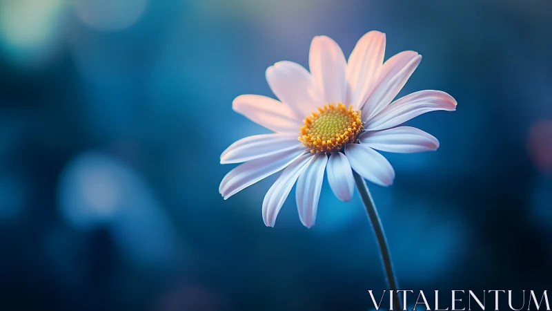 White Daisy with Golden Center Against Blue Bokeh.