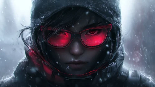 Cybernetic sniper in snowstorm, red HUD visor glare