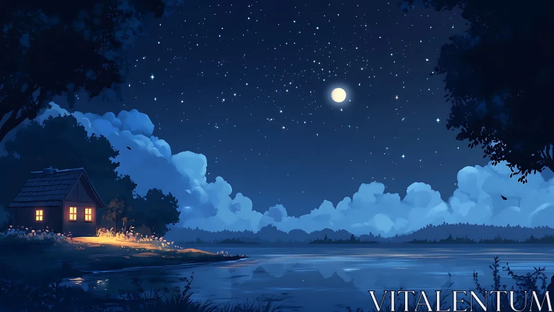 Lakeside nocturne with moonlit stratocumulus and cabin luminance.