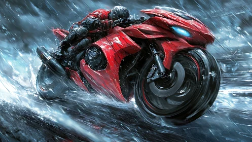 Motorcyclist on red sport bike in heavy rain on wet road.