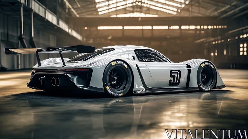 Sleek white race car waits in a sunlit industrial garage