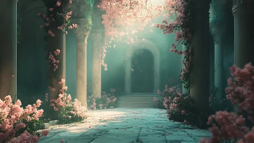 Iridescent colonnade under diffuse volumetric blossom light.