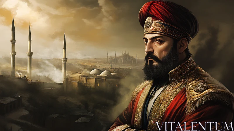 Ottoman noble portrait before smoky domed skyline at dusk