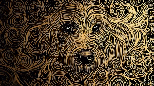 Golden linework canine portrait with swirling abstract fur.