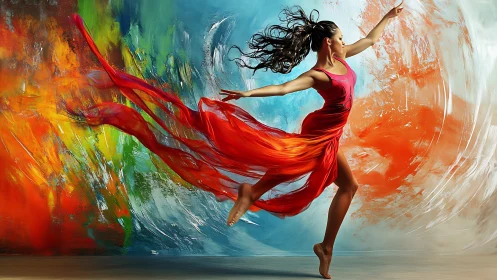 Kinetic chromatic dancer suspended in fluid motion vortex.