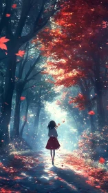 Solitary girl walking through luminous red autumn forest.