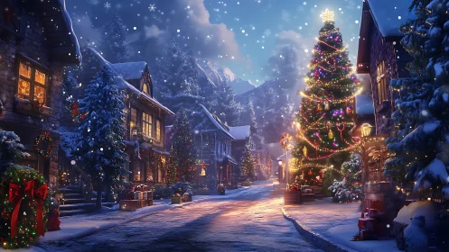 Snowy holiday village glows softly under a sparkling night sky