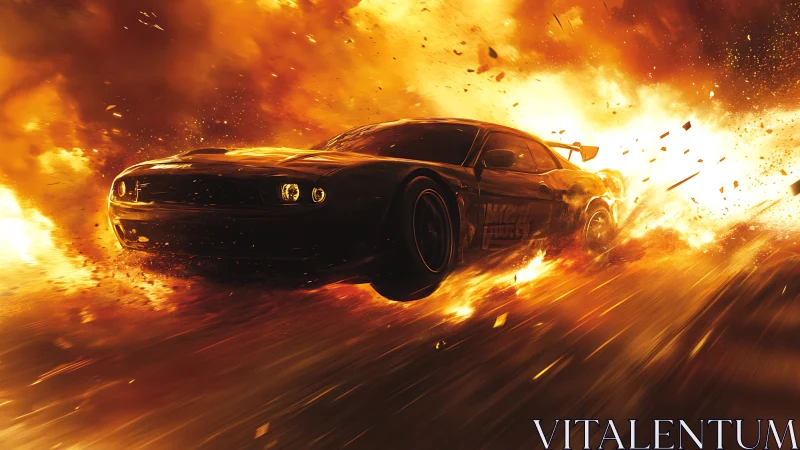 High-speed muscle car cuts through explosive firestorm with motion blur