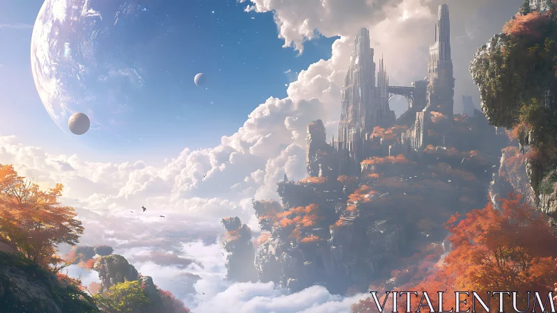 Majestic floating citadel under giant planet sky.