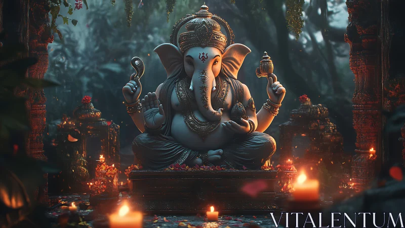 Majestic Ganesha idol illuminated by temple candlelight glow.