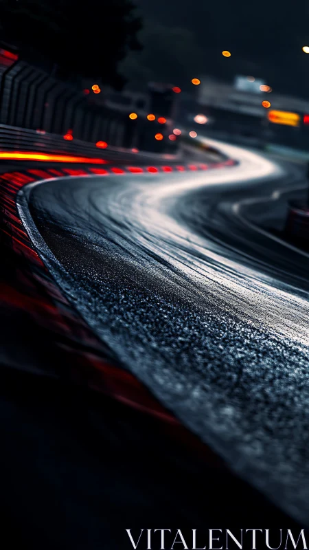 Wet night racetrack glowing with curves and quiet speed.