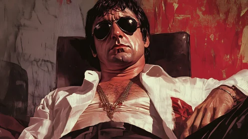 Seated man in sunglasses against textured red backdrop.