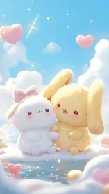 Kawaii cloud bunnies by reflective pool in pastel skyscape