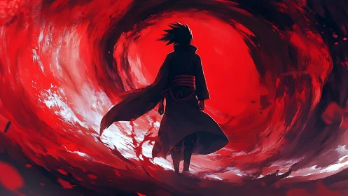 Silhouetted figure stands before swirling red vortex
