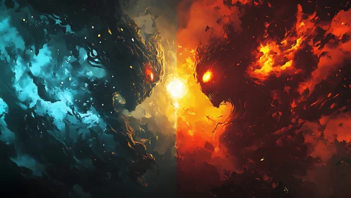 Elemental fire vs ice demons locked in cosmic standoff.