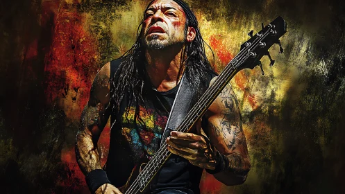 Tattooed rock bassist in mid-performance against abstract fire