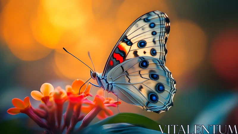 Butterfly on orange blooms against soft sunset bokeh.