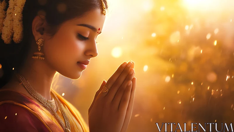 Soft golden prayer moment glows around a peaceful woman