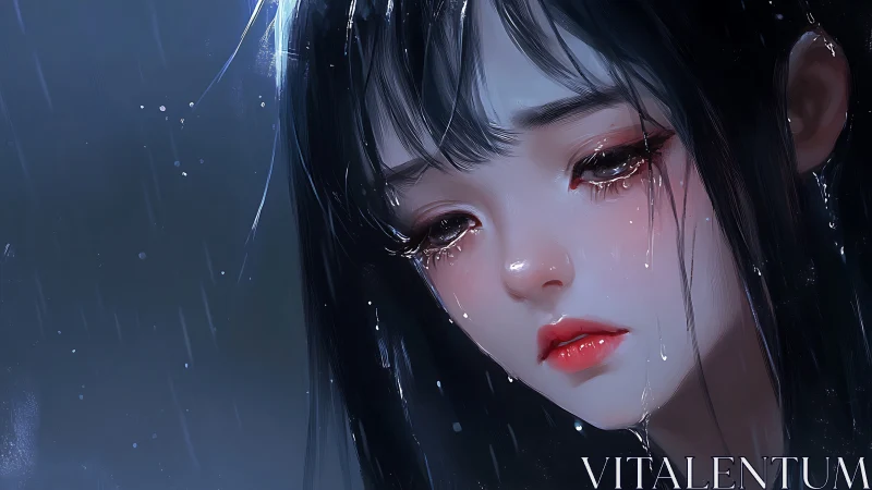 Close portrait of wet girl with tears in falling rain.
