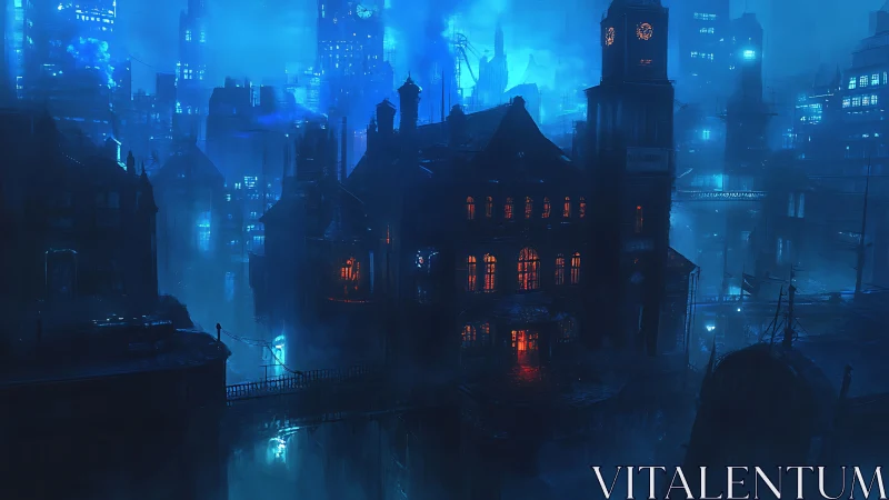 Neon fog over gothic clocktower in dystopian blue cityscape.
