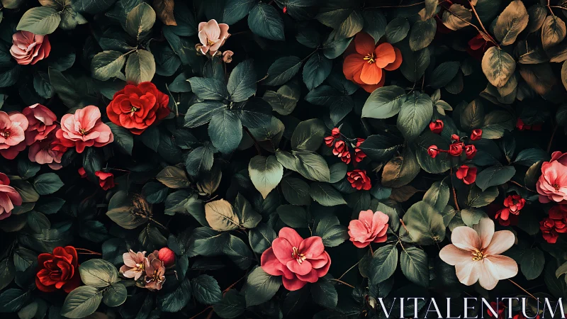 Overhead Garden View: Pink and Red Roses with Dark Green Foliage