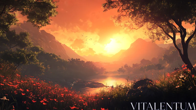 Fiery sunset floods tranquil valley river with warm light