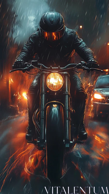 Motorcyclist in rainlit urban street, frontal dynamic view.