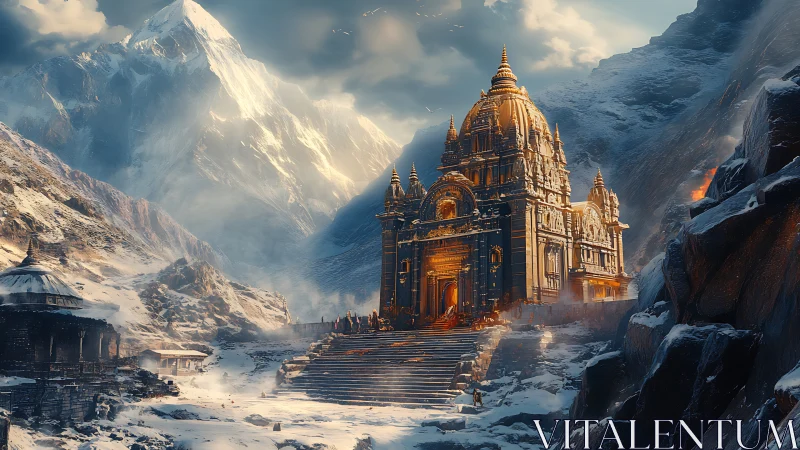 Golden mountain temple in snowy highland landscape at dusk.