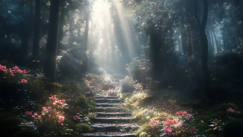 Sunlit Forest Path with Pink Flowering Azaleas.
