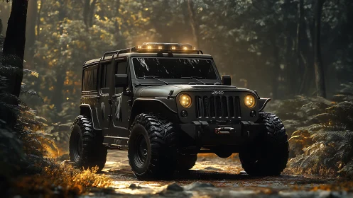 Photorealistic off-road Jeep in cinematic forest lighting.