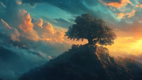 Solitary hilltop tree glows against a storm-bright sunset sky