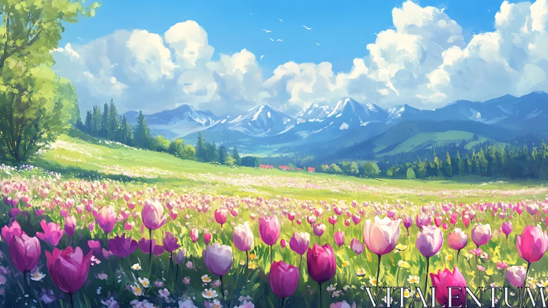 Sunlit tulip meadows unfolding beneath gentle mountains.
