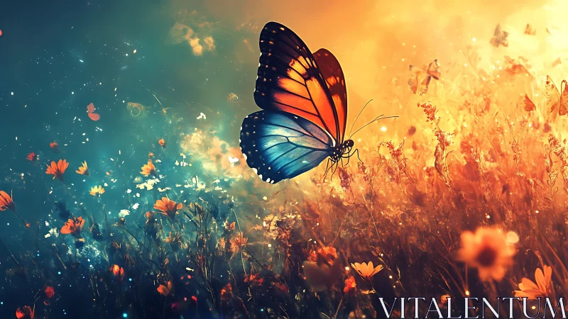 Twilight meadow dreams with a glowing butterfly in flight.